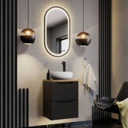 garneroarredamenti Mobile bagno sospeso 50cm cannettato 2 cassetti nero rovere Cleany