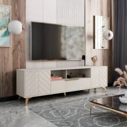 garneroarredamenti Mobile porta TV 204x60h cm 2 ante 2 cassetti 2 vani a giorno beige con frontali serigrafati Miriam