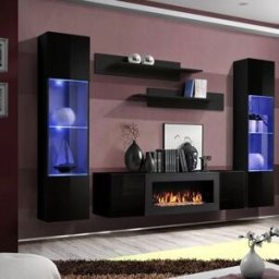 garneroarredamenti Parete attrezzata sospesa 260x170h cm con biocamino e vetrinette nero Ignis 6 Gihome®