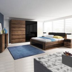 garneroarredamenti Camera completa con letto matrimoniale 160x200cm rovere scuro nero lucido Cortina Gihome®