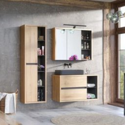 garneroarredamenti Mobile bagno sospeso 100cm con lavabo, mobile specchio e colonna rovere antracite Veny