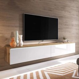 garneroarredamenti Mobile porta TV sospeso 180x30h cm con LED design bianco lucido rovere Silvia