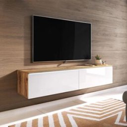 garneroarredamenti Mobile porta TV sospeso 140x30h cm con LED rovere bianco lucido Silvia