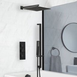 HudsonReed Sistema Termostatico Nero per Doccia e Vasca con Deviatore, Soffione Quadrato da 300mm, Asta Saliscendi con Doccetta ed Erogatore Vasca (3 Vie) - Preto