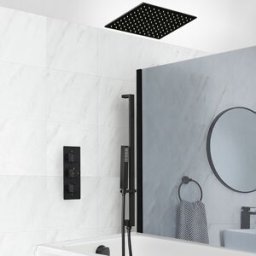 HudsonReed Sistema Termostatico Nero per Doccia e Vasca con Deviatore, Soffione Quadrato da Incasso da 400mm, Asta Saliscendi con Doccetta ed Erogatore Vasca (3 Vie) - Preto