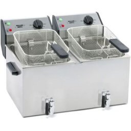 Roller Grill Friggitrice a due vasche, con rubinetto di scarico, 2 x 8 litri, dimensioni 590 x 450 x 370 mm (LxPxA) ; 16000 ml, 59x45x37 cm (LxPxH); argento