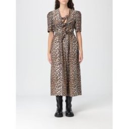 Ganni Abito midi in cotone animalier Marrone Taglia 36
