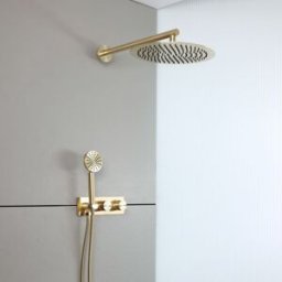 HudsonReed Sistema Doccia con Miscelatore Termostatico con Deviatore, Soffione e Doccetta (2 Vie) - Oro Satinato - Lune