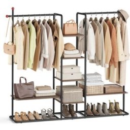 SONGMICS HOME Stand appendiabiti con ripiani e barre in noce naturale, Noce Naturale + Nero Inchiostro