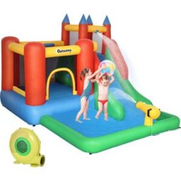 Outsunny Gioco Gonfiabile per Bambini 3-8 Anni con Scivolo, Trampolino, Piscina e Pistola ad Acqua, max 4 Bambini, 330x245x215cm Aosom