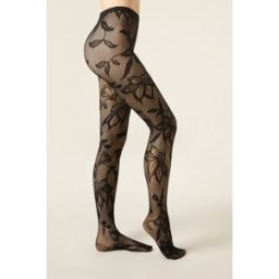 Calzedonia Collant Pizzo Macro Fiori Donna Nero 3/4