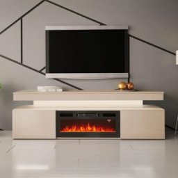garneroarredamenti Mobile porta TV 190x59h cm 2 ante con caminetto elettrico con LED beige cashmere Lumus