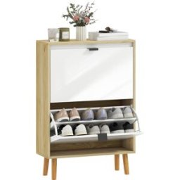 Homcom Scarpiere Stretto con 2 Porte in Bianco Lucido Ripiani Regolabili Gambe in Legno per 12 Paia di Scarpe Aosom Italy