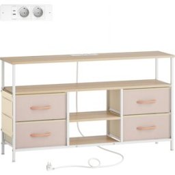 Homcom Mobile TV con Luce LED e Prese Porte USB Ripiani Aperti 4 Cassetti pieghevoli 120x30x67,5 cm Beige e Bianco Aosom Italy