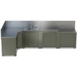 Cucina da esterno Comfort, 5 moduli, angolare, con lavello e modulo frigo, colore salvia - Enò
