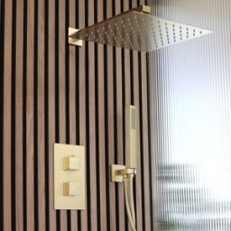 HudsonReed Sistema Doccia Termostatico Oro Satinato 2 Vie Con Deviatore, Soffione 300mm E Doccetta - Lyra