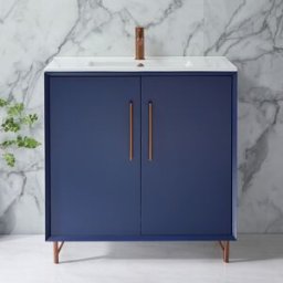 HudsonReed Mobile Bagno Blu Marino 810mm con Lavabo e Maniglie con Barra a T in Rame Satinato