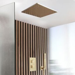 HudsonReed Sistema Doccia con Miscelatore Termostatico con Deviatore, Soffione da Incasso da 400mm e Doccetta (2 Vie) - Oro Satinato - Lyra