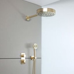 HudsonReed Sistema Doccia con Miscelatore Termostatico con Deviatore, Soffione e Doccetta (2 Vie) - Oro Satinato - Lune