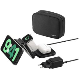 Belkin Caricabatterie Magsafe BoostCharge Pro, stazione di ricarica wireless magnetico da viaggio 3 in 1 con Qi2 15W per iPhone, Apple Watch e Airpods, Nero
