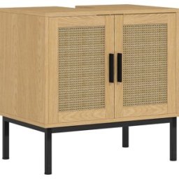 Kleankin Mobile sottolavabo, design boho, mobile bagno, elementi in rattan, con incavo a U, Rovere Aosom Italy