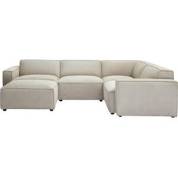 Miliboo Divano ad angolo modulabile 5 posti e pouf in tessuto effetto velluto testurizzato beige SPLIT