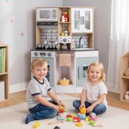 Costway Cucina giocattolo bambini suoni luci legno fornello lavandino cappa, Cucina ghiaccio caffè microonde forno set bambini 3+anni Grigio