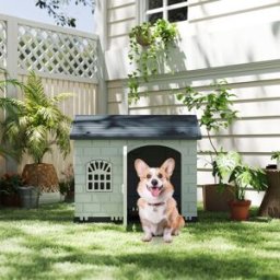 Costway Rifugio per animali domestici da esterno e interno con porta bloccabile, Cuccia per cani in plastica impermeabile Grigio scuro