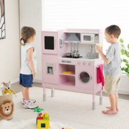Costway Cucina giocattolo per bambini con cappa macchina del ghiaccio telefono e 16 accessori, Gioco cucinetta Rosa