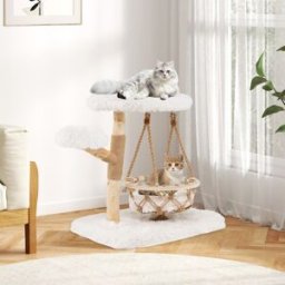 Costway Torre per gattini moderna con dondolo appeso tiragraffi piattaforme imbottite, Albero per gatti in legno carino Bianco