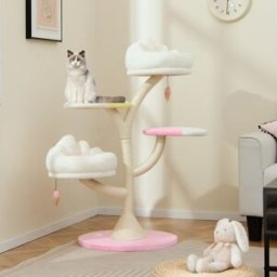 Costway Albero per gatti con 2 piattaforme palline pendenti e tiragraffi in sisal, Centro attività per animali domestici Rosa