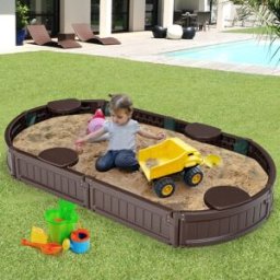 Costway Recinto di sabbia ellittico 183cm con copertura impermeabile, Kit recinto di sabbia per bambini da esterno Marrone
