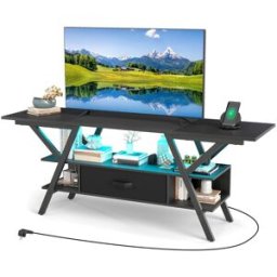 Costway Mobile porta TV centro di intrattenimento a 3 livelli con luci LED e prese di corrente, Mobile porta TV per televisori da 65" Nero