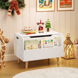 Costway Scatola giocattoli legno bambini libreria frontale 4 gambe legno massello coperchio ribaltabile, Cassapanca organizer sala giochi asilo Bianco