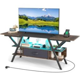 Costway Mobile porta TV centro di intrattenimento a 3 livelli con luci LED e prese di corrente, Mobile porta TV per televisori da 65" Marrone