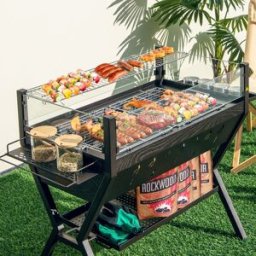 Costway Barbecue a carbone in acciaio con protezione antivento ripiani per condimenti, Set di griglie per barbecue Marrone
