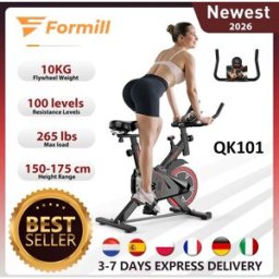 Formill Cyclette da Interno QK101, Volano da 10KG, 100 Livelli di Resistenza, Trasmissione a Cinghia Silenziosa, Display, Capacità 120kg, Cardio Domestico