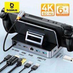BASEUS Docking Station USB C per Steam Deck e Nintendo Switch, da Tipo C a HDMI 4K@60Hz, RJ45, PD 100W, USB 3.0, Hub 6-in-1 Tipo C
