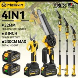 MELLWIN Set di Attrezzi da Giardinaggio 4 in 1 con Asta Telescopica, Motosega da 8 Pollici e Forbici da Potatura da 32MM, Compatibile con Batteria Makita 18V