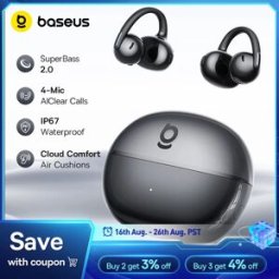 BASEUS Auricolari TWS Bowie MC2 AIR con Clip, Cuffie Wireless Bluetooth 6.0, Auricolari Aperti con 4 Microfoni ENC, Cuffie Sportive
