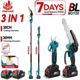 ONEVAN 5500W Motosega Elettrica Senza Spazzole 3-in-1 e Forbice da Potatura a Batteria, Utensile per Taglio Alberi da 8 Pollici Compatibile con Batterie Makita