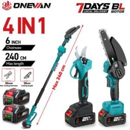 ONEVAN Sega e Forbici Elettriche Brushless 4-in-1 da 6 Pollici per Potatura Rami Alti con Asta Telescopica, Utensile Elettrico Compatibile con Batteria Makita