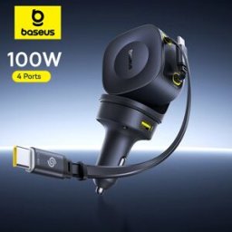 BASEUS 100W Caricabatteria da auto PD QC Ricarica rapida Doppio cavo retrattile di tipo C 4 porte 450 ° Rotazione per laptop tablet iPhone Samsung