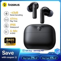 BASEUS Bass EP10/BP1 NC -43dB Auricolari True Wireless con cancellazione del rumore ANC, Bluetooth 6.0, auricolari in-ear wireless con 4 microfoni.