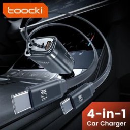 toocki Caricabatteria da auto con display digitale 105W 4 In1 Cavo doppio tipo C a ricarica rapida con cavo retrattile per iPhone 16 15 14 Samsung