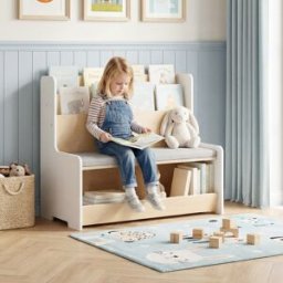 Costway Panca portagiochi a due posti con portariviste a due ripiani 2 scomparti aperti e cuscino seduta rimovibile, Cassapanca per bambini Bianco