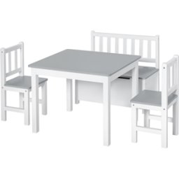 Set Tavolo Per Bambini Con 2 Sedie E Cassapanca In Legno Per Cameretta, Bianco E Grigio