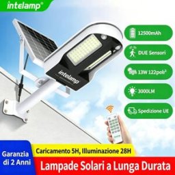 intelamp Lampada Solare di Sicurezza 12500mAh per Esterni Dual180° Lampioni Solari Impermeabili con Sensore di Movimento per Esterni, Giardino, Cortile, Garage faretto led esterno solare lampada