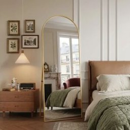 Simurq Specchio intero arqueo, 53 cm, da terra, minimalista, grande, a figura intera, arrotondato e sospeso, ellittico, per camera da letto, ingresso, soggiorno, dorato