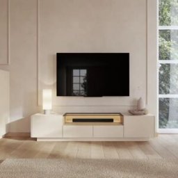 garneroarredamenti Mobile porta TV 203x43h cm con led 2 ante 2 cassetti 1 ripiano a vista soggiorno beige rovere Cream